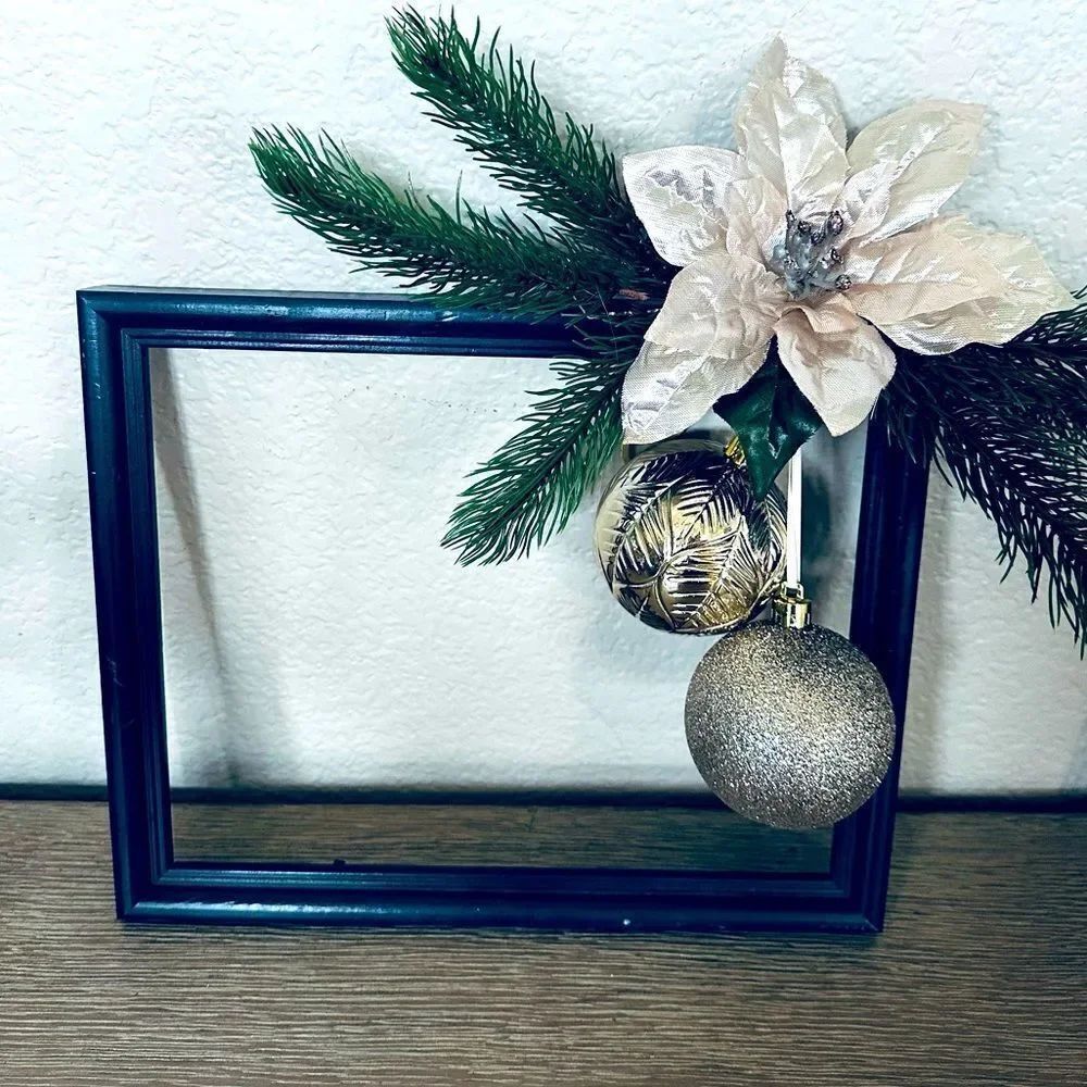 Holiday Champagne Poinsettia Ornaments Wood Open Frame Wreath Wall Decor